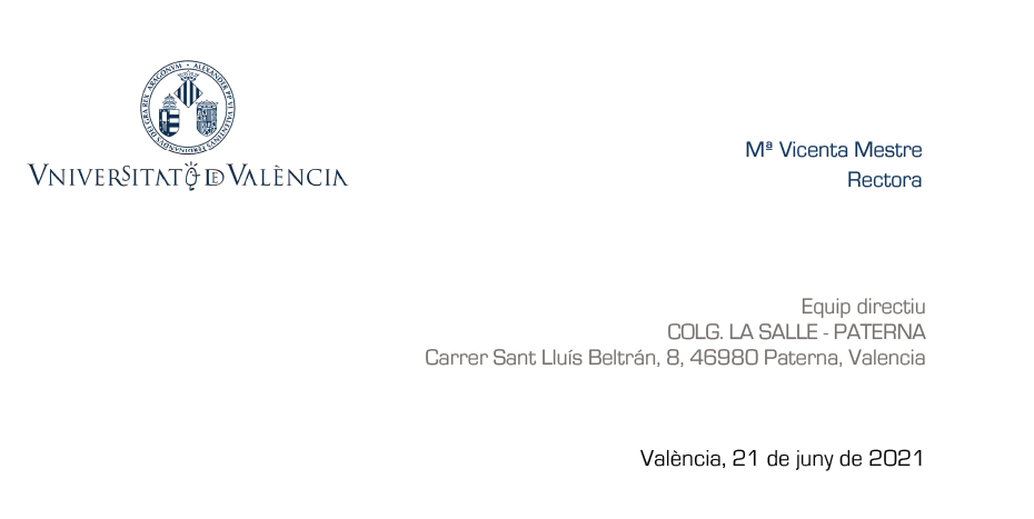 Carta de felicitación de la Rectora de la Univesitat de València por los buenos resultados en la EBAU 2021